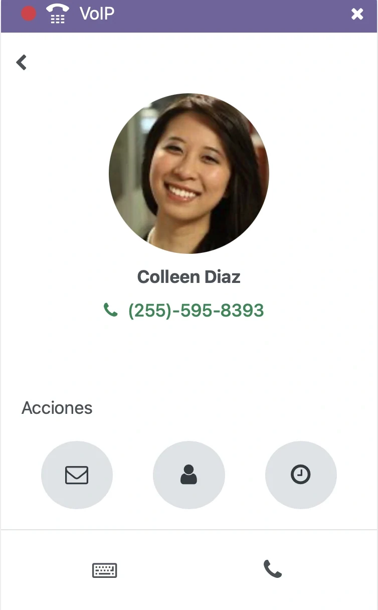 Panel de Voz IP con la ficha de un contacto de demostración y acciones de llamada.